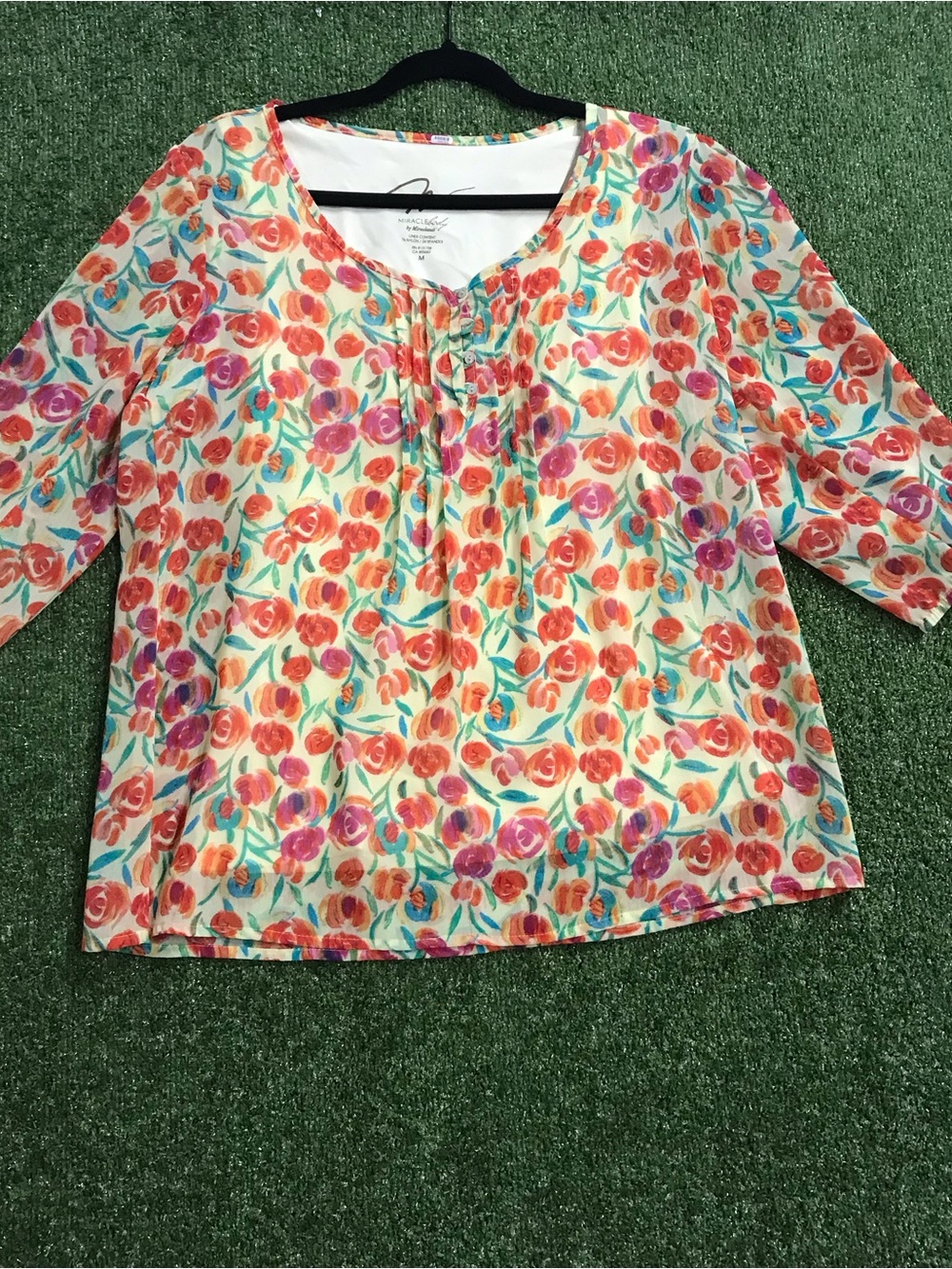Floral Scoop-Neck Tunic Top in Cream with Coral & Teal Accents